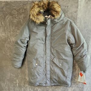 Kids Gray Winter Jacket with Faux Fur Hood
